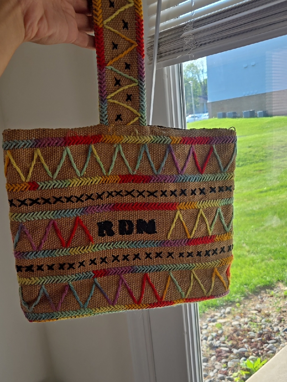 Vintage 1970's Handwoven Multicolor Embroidered Tote Bag with RDM Monogram